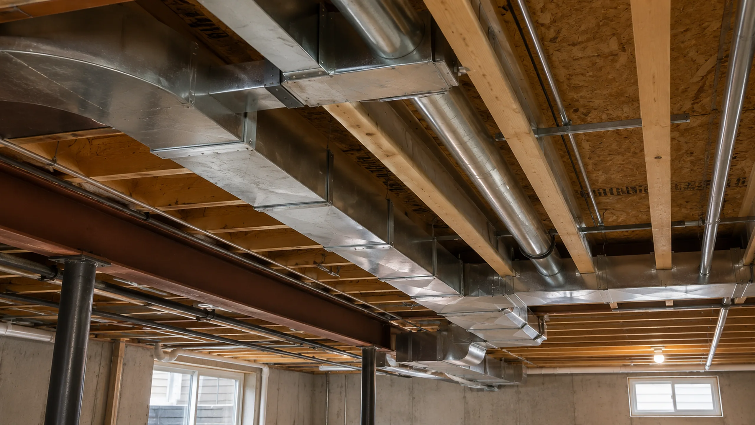 Basement utility area with cast iron drain stack and joists — Roseville MN sewer scope inspection context