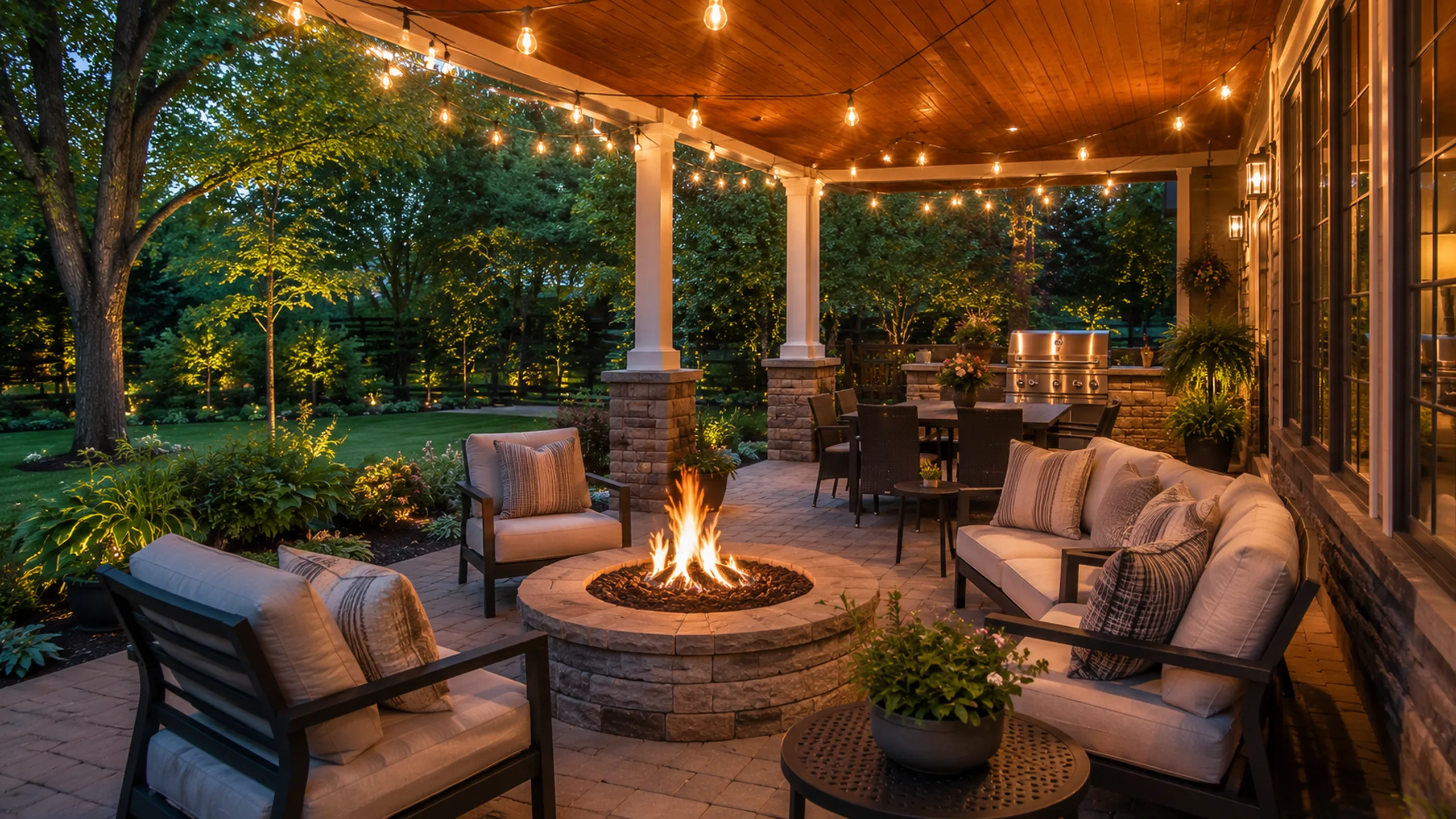 Covered backyard patio with string lights at a Roseville MN home
