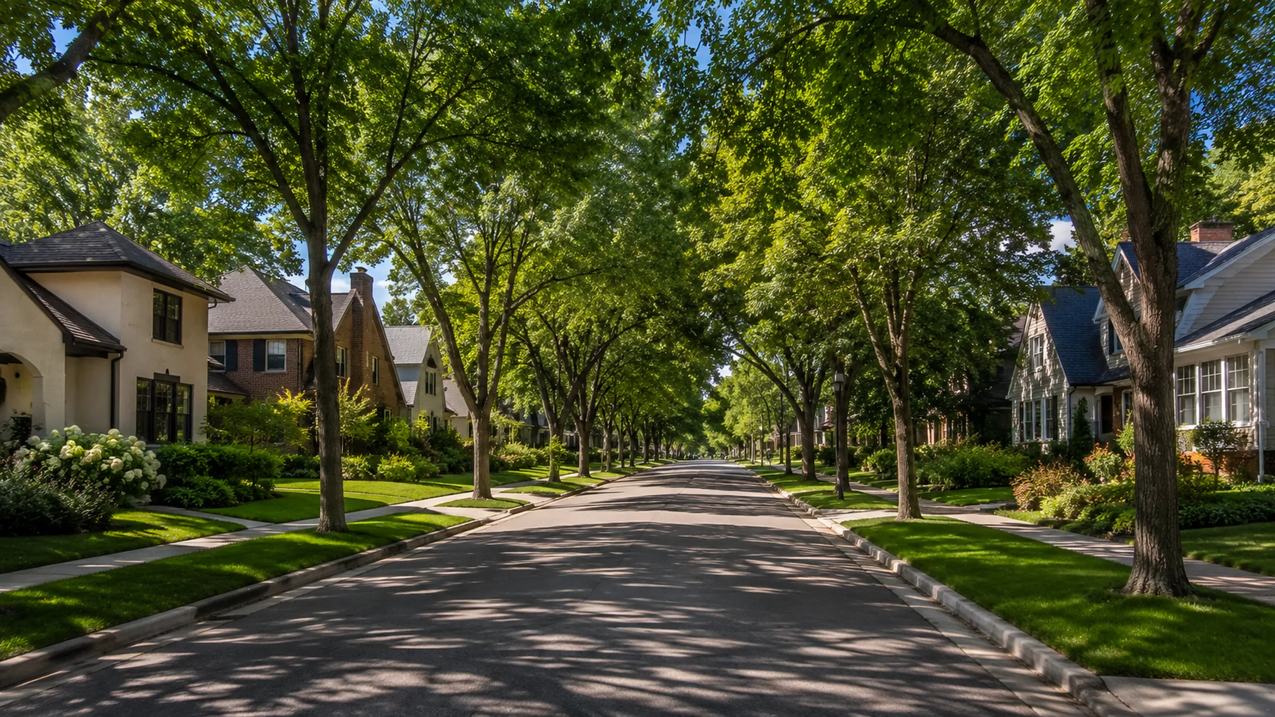 Roseville MN residential street in summer — typical inner-ring-suburb housing