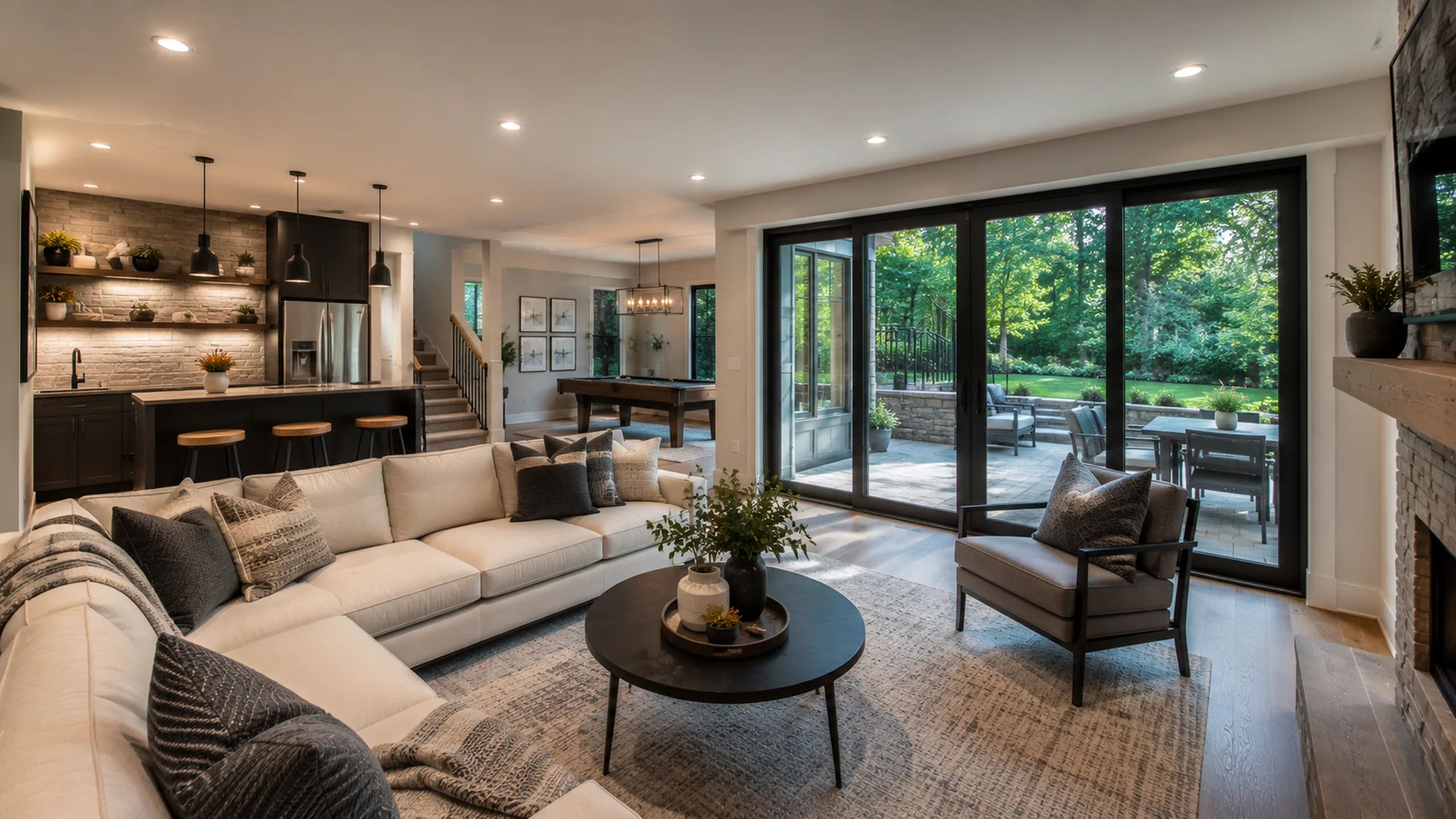 Walkout basement with glass doors — Lake Owasso Roseville MN lakefront home